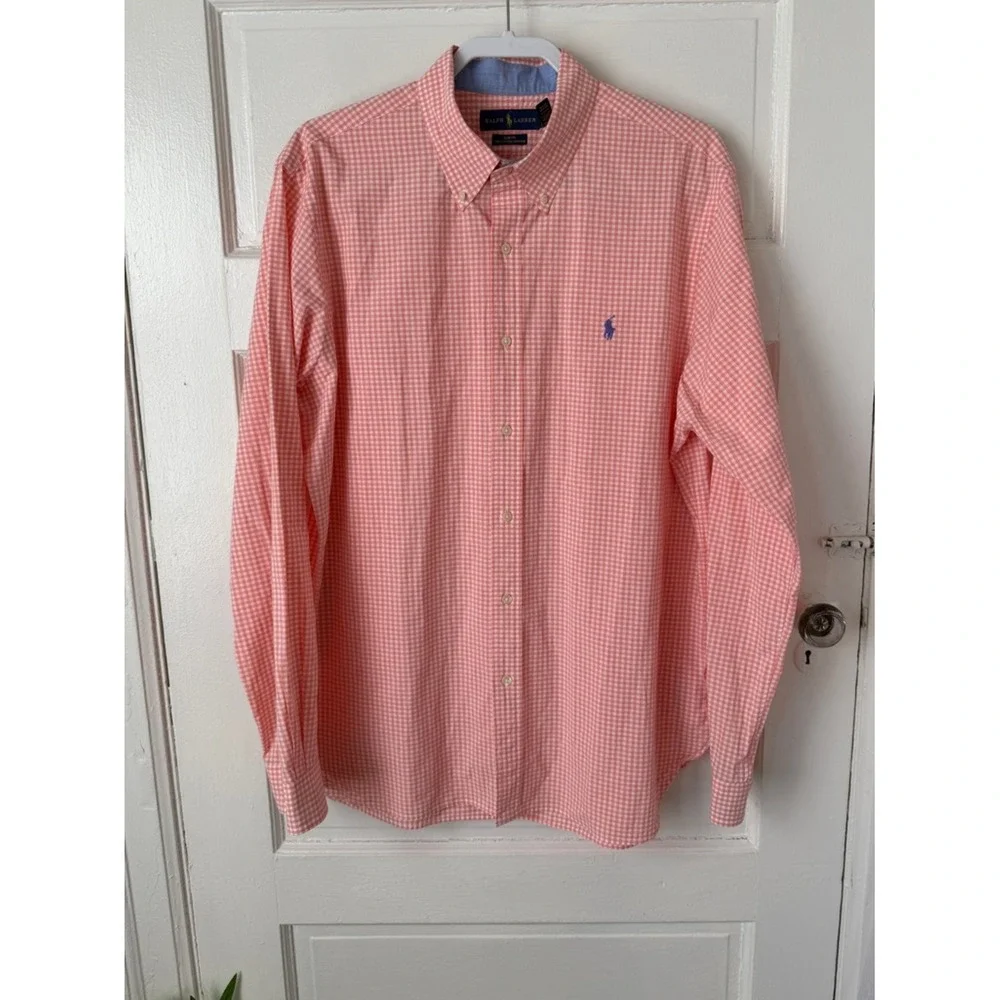 Ralph‎ Lauren Men's Button Down Shirt Orange Gingham Checkered Slim Fit Stretch